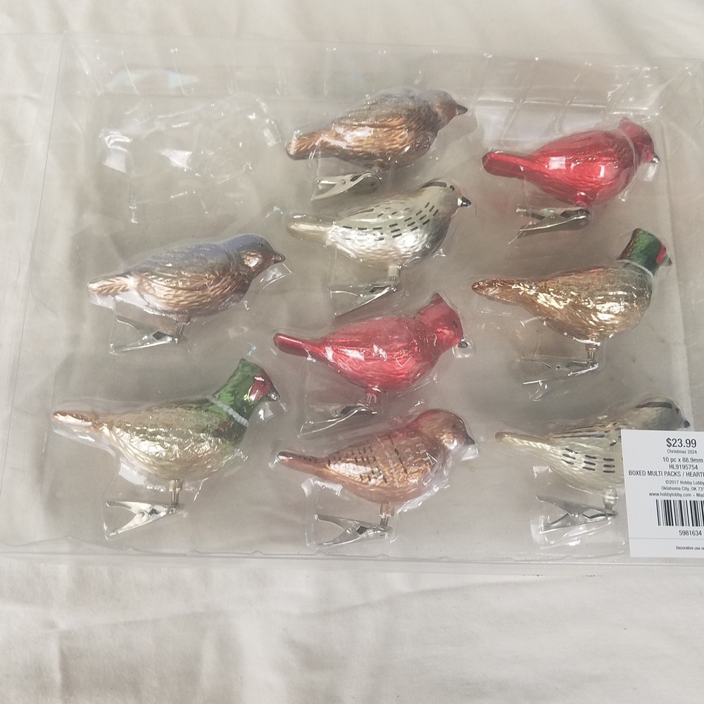 Hobby Lobby Bird Ornaments Set 9pc Multicolor New Glass Clip-On Vintage Style